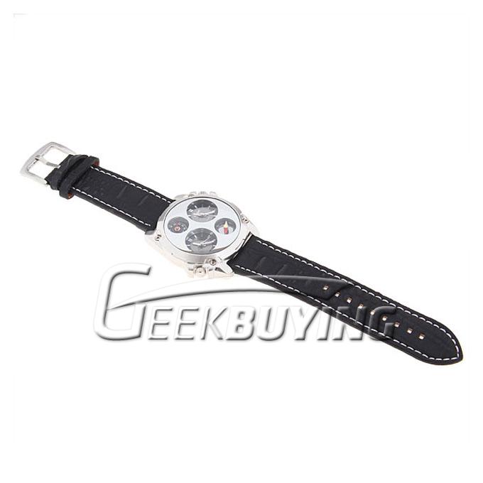 Oulm Men's Quartz Military Leather Band Wrist Watch with Dual Time Compass Thermometer - Black