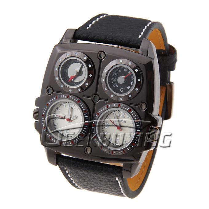 Oulm Adventure Men's Quartz Military Leather Band Wrist Watch with Compass & Thermometer - Black Case White Dial