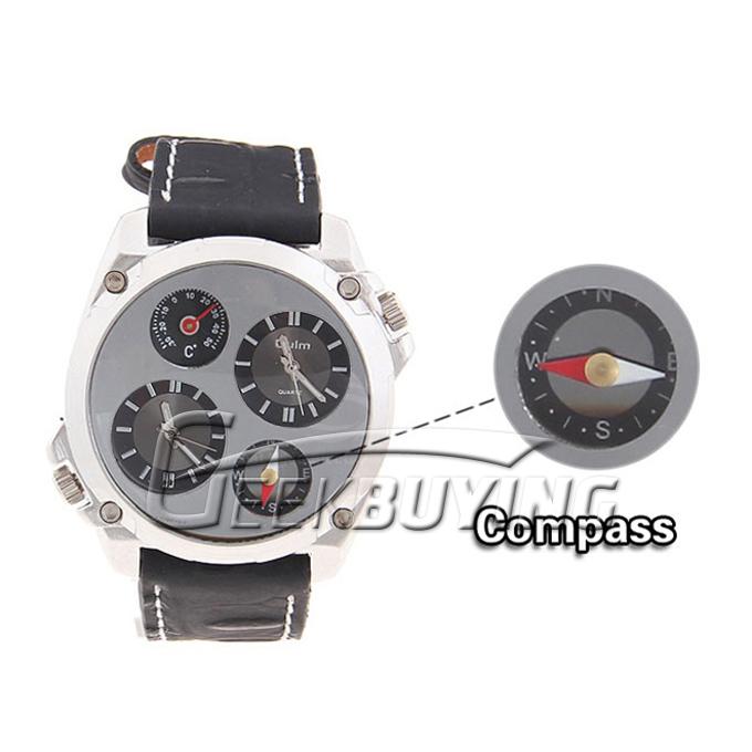 Oulm Men's Quartz Military Leather Band Wrist Watch with Dual Time Compass Thermometer - Black