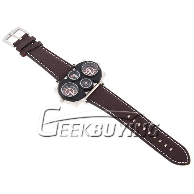Oulm Quartz Military Genuine Leather Band Wrist Watch with Compass Thermometer for Men - Brown