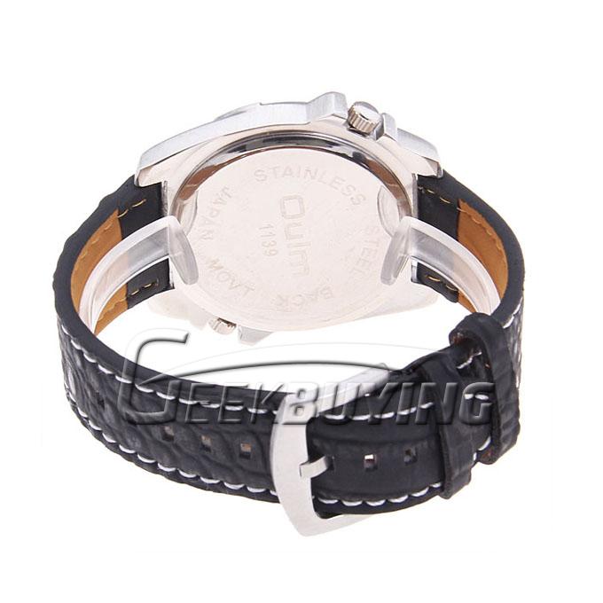 Oulm Men's Quartz Military Leather Band Wrist Watch with Dual Time Compass Thermometer - Black
