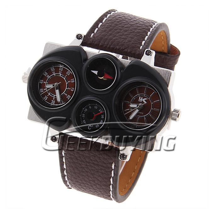 Oulm Quartz Military Genuine Leather Band Wrist Watch with Compass Thermometer for Men - Brown