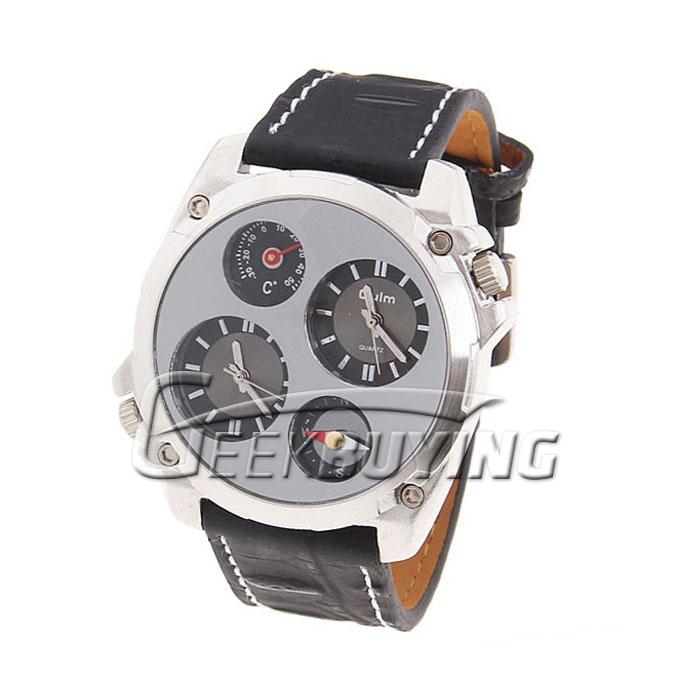 Oulm Men's Quartz Military Leather Band Wrist Watch with Dual Time Compass Thermometer - Black