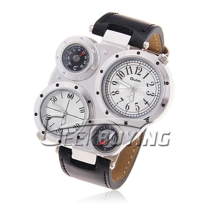 Oulm Men's Quartz Analog Military Wrist Watch with Dual Movt Numerals Indicate Time Dial Compass Thermometer - White Dial