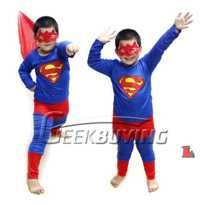 Children Kids Red and Blue Superman Costume Cosplay Suit with Eyeshade for Halloween Party L Size