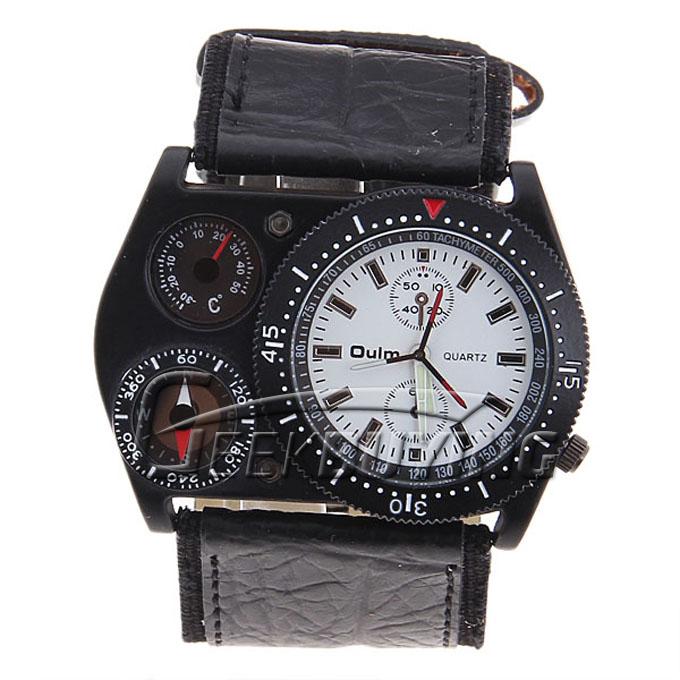 Oulm Luminous Men's Quartz Movement Leather Band Wrist Watch with Compass and Thermometer - Black/White Dial