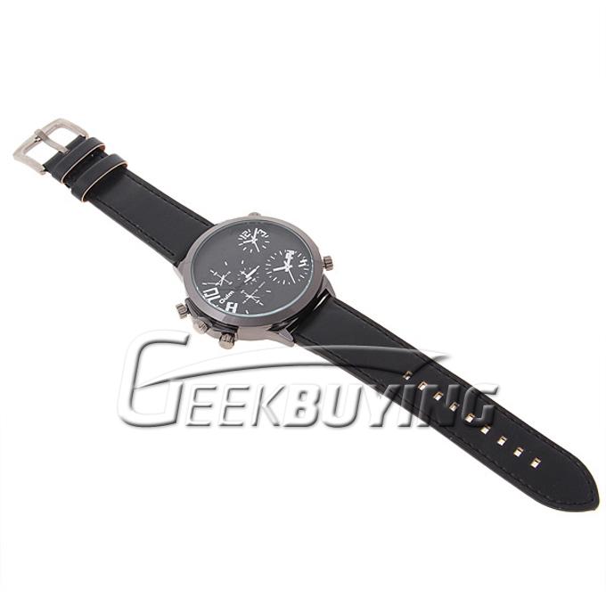 Oulm Brand Best Men's Quartz Military Genuine Leather Band Wrist Watch 3-Movt Round Shaped - Black