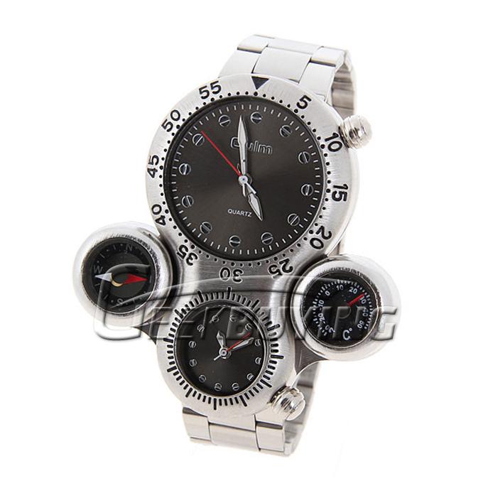 Fashion Oulm Men's Quartz Movement Black Dial Stainless Steel Band Wrist Watch with Compass and Thermometer
