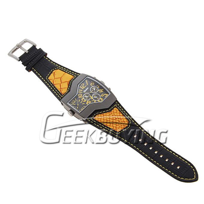 Hot Selling Fashion Oulm Men's Dual Quartz Movement Leather Band Wrist Watch Yellow