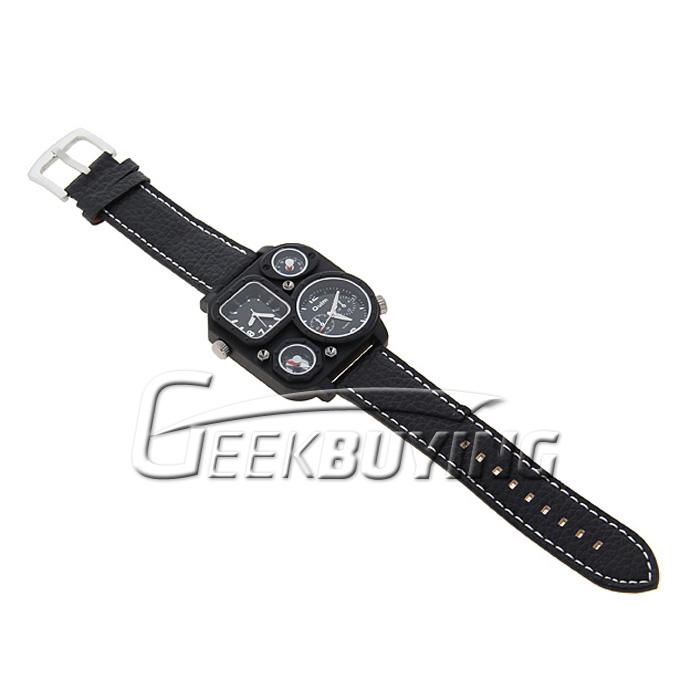 New Stylish Oulm Mens Quartz Movement Leather Band Wrist Watch with Compass & Thermometer Black