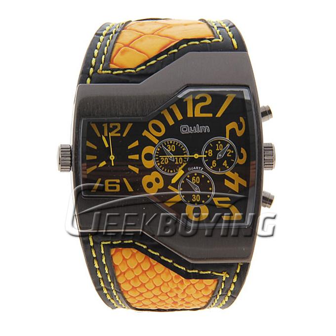 Hot Selling Fashion Oulm Men's Dual Quartz Movement Leather Band Wrist Watch Yellow