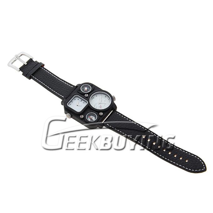 New Stylish Oulm Mens Quartz Movement Leather Band Wrist Watch with Compass & Thermometer White/Black