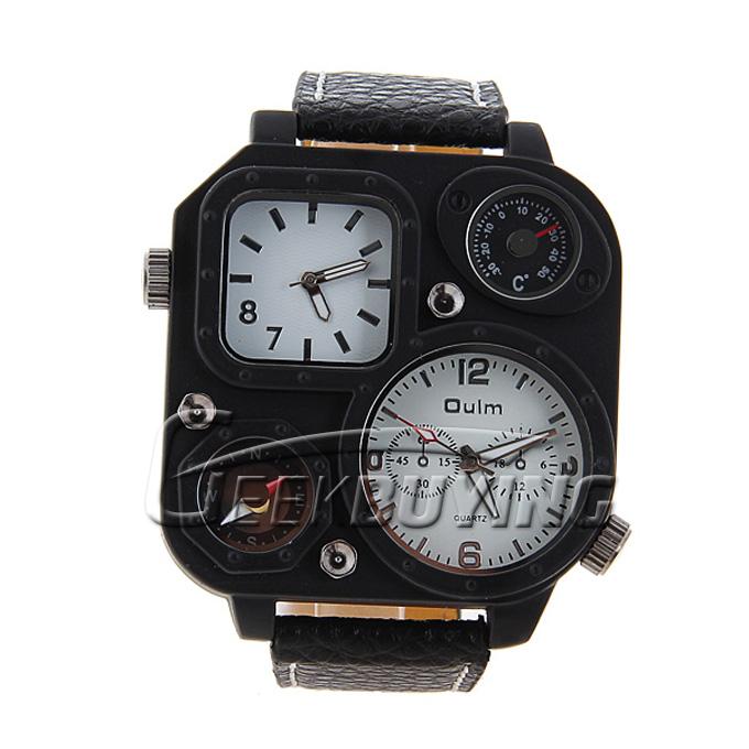 New Stylish Oulm Mens Quartz Movement Leather Band Wrist Watch with Compass & Thermometer White/Black