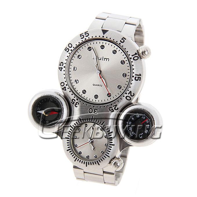 Fashion Oulm Men's Quartz Movement White Dial Stainless Steel Band Wrist Watch with Compass and Thermometer
