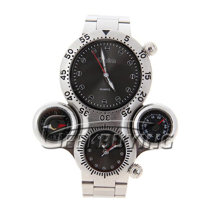 Fashion Oulm Men's Quartz Movement Black Dial Stainless Steel Band Wrist Watch with Compass and Thermometer
