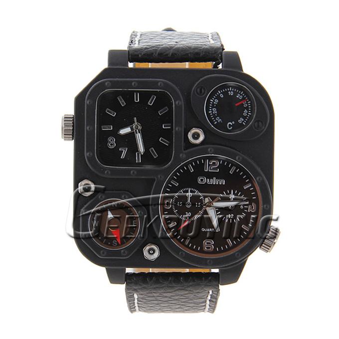 New Stylish Oulm Mens Quartz Movement Leather Band Wrist Watch with Compass & Thermometer Black
