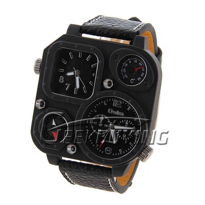 New Stylish Oulm Mens Quartz Movement Leather Band Wrist Watch with Compass & Thermometer Black