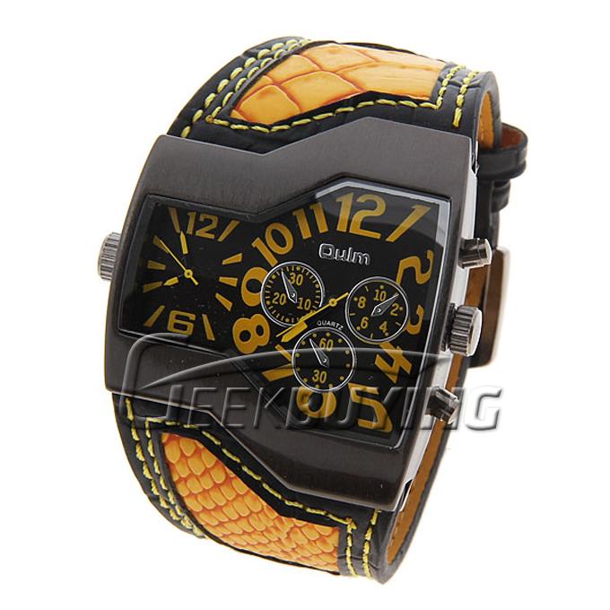 Hot Selling Fashion Oulm Men's Dual Quartz Movement Leather Band Wrist Watch Yellow