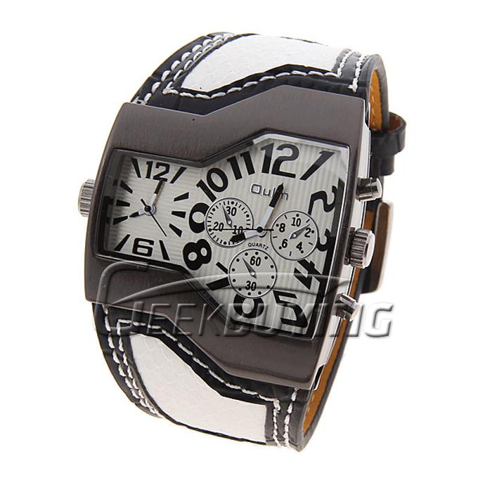 Hot Selling Fashion Oulm Men's Dual Quartz Movement Leather Band Wrist Watch White