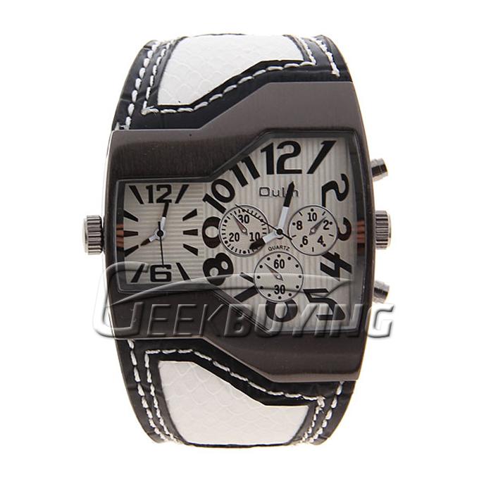 Hot Selling Fashion Oulm Men's Dual Quartz Movement Leather Band Wrist Watch White