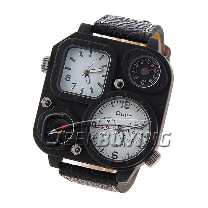 New Stylish Oulm Mens Quartz Movement Leather Band Wrist Watch with Compass & Thermometer White/Black