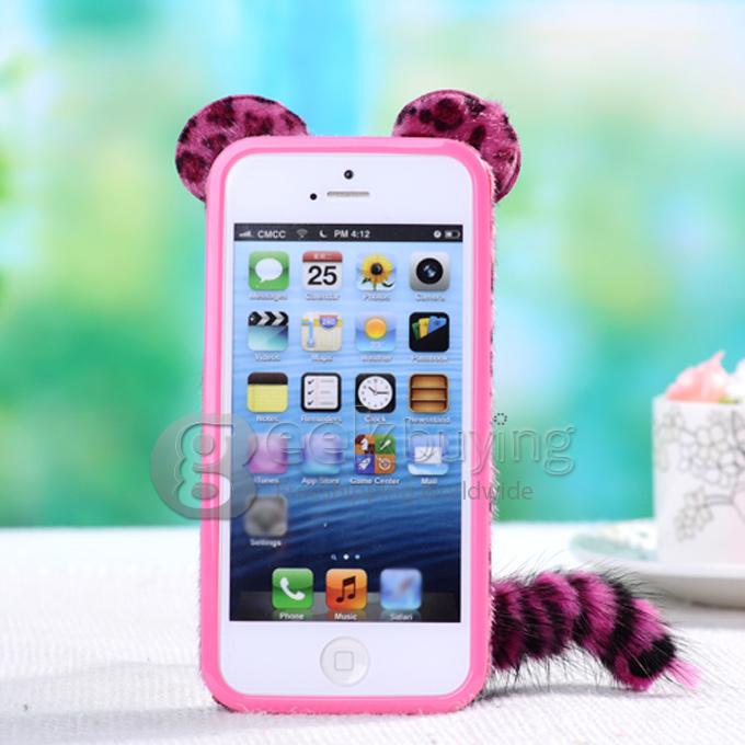 New Cute Leopard Fur Mouse Mink Tail Soft Ptotective Jelly Case Silicone Cover For iPhone 5S 5 - Rose