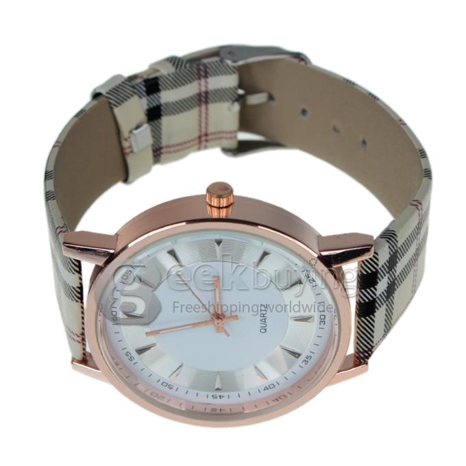 New Exquisite Leather Grid Style Band Unlettered Wrist Watch - White Dial