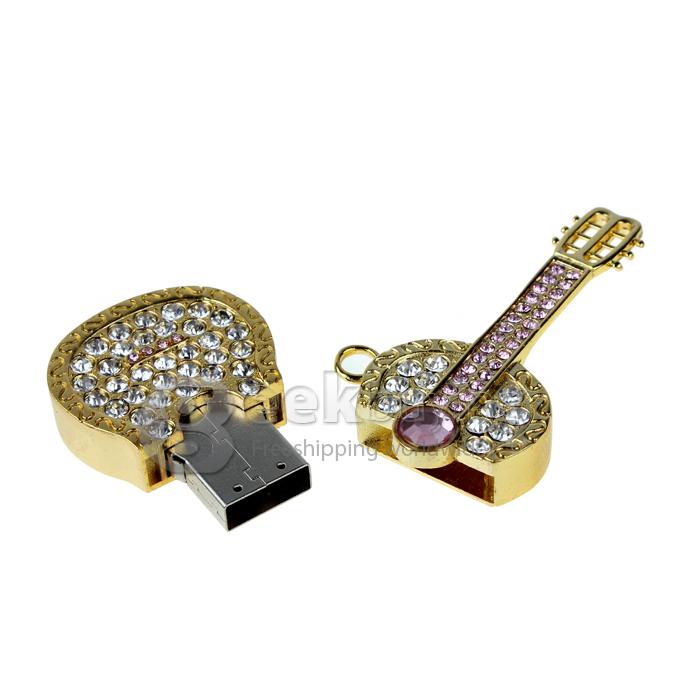 8GB Stylish Guitar Shaped Rhinestones Jewelry Pendant USB 2.0 Flash Drive Memory Stick U Disk with Neck Chain