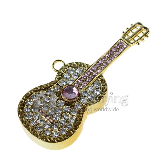 32GB Stylish Guitar Shaped Rhinestones Jewelry Pendant USB 2.0 Flash Drive Memory Stick U Disk with Neck Chain