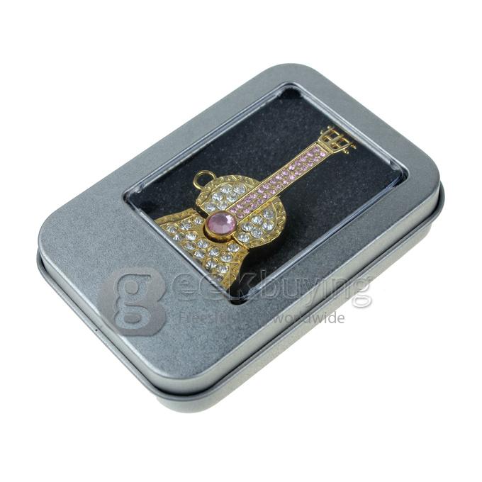 32GB Stylish Guitar Shaped Rhinestones Jewelry Pendant USB 2.0 Flash Drive Memory Stick U Disk with Neck Chain