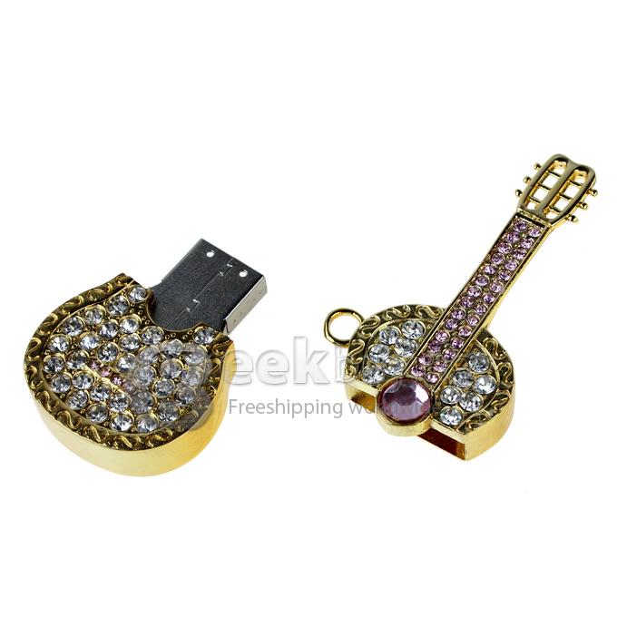 32GB Stylish Guitar Shaped Rhinestones Jewelry Pendant USB 2.0 Flash Drive Memory Stick U Disk with Neck Chain