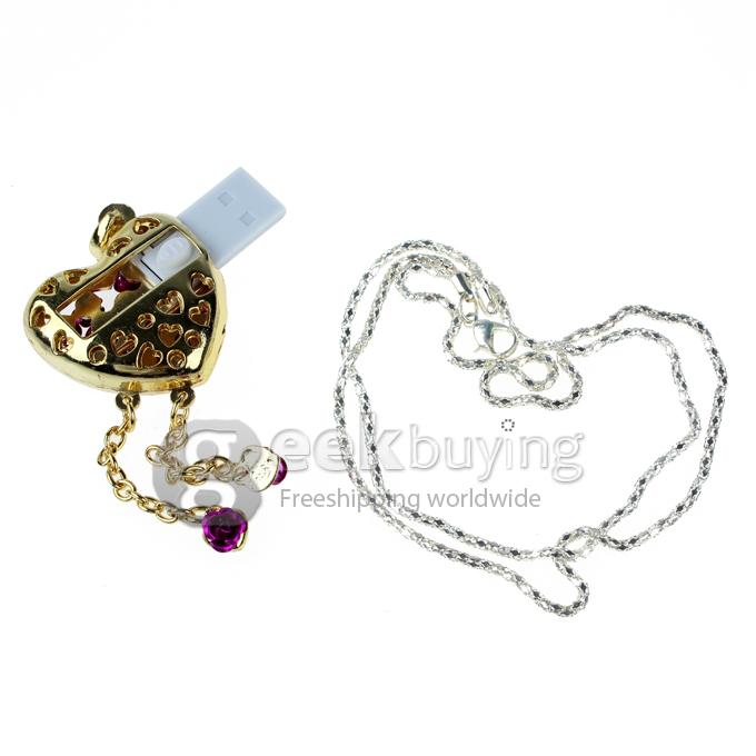 8GB Rose Heart Shape Rhinestones Jewelry Pendant USB Flash Drive Memory Stick U Disk with Neck Chain