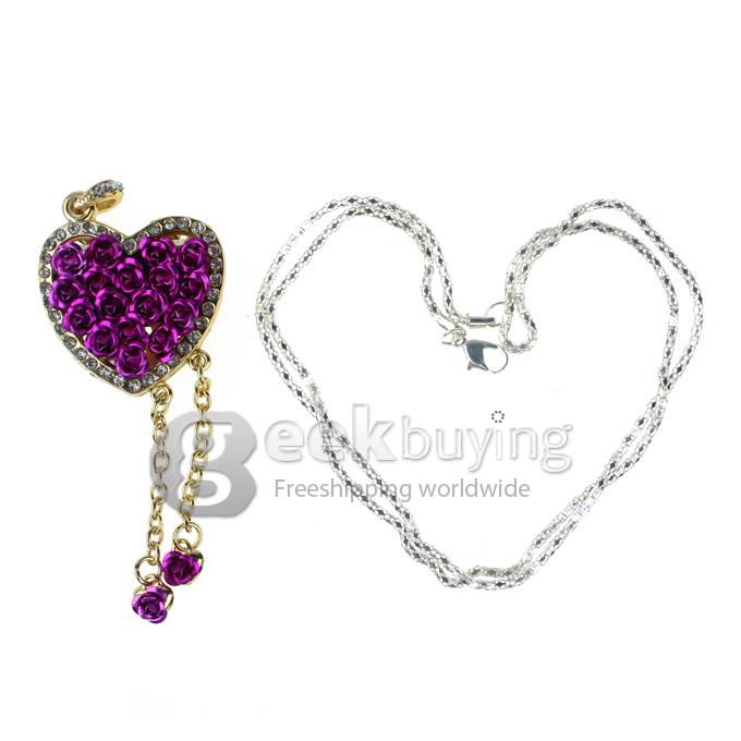 8GB Rose Heart Shape Rhinestones Jewelry Pendant USB Flash Drive Memory Stick U Disk with Neck Chain