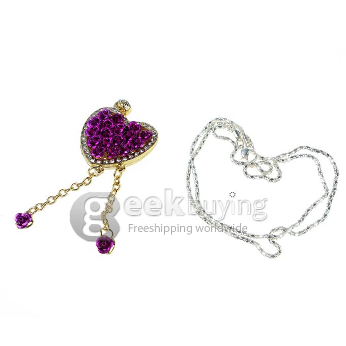 8GB Rose Heart Shape Rhinestones Jewelry Pendant USB Flash Drive Memory Stick U Disk with Neck Chain