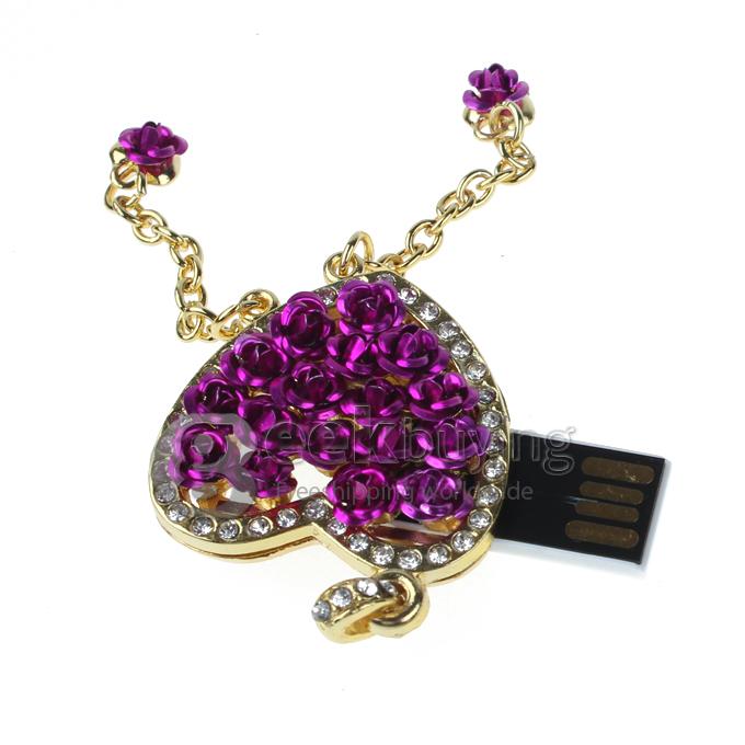 8GB Rose Heart Shape Rhinestones Jewelry Pendant USB Flash Drive Memory Stick U Disk with Neck Chain