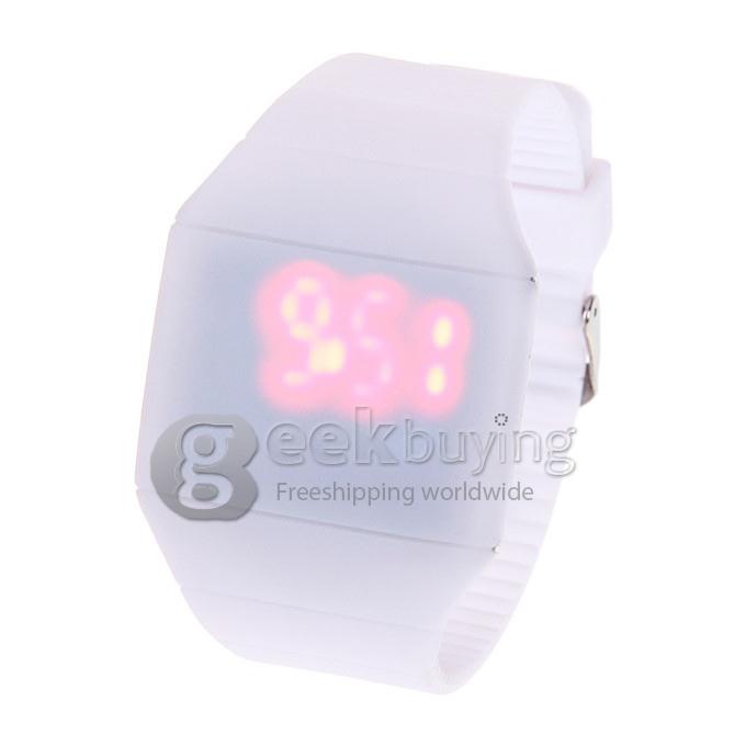 Makibes Touch Screen LED Watch with Red Light Rectangle Dial and Silicon Band - White