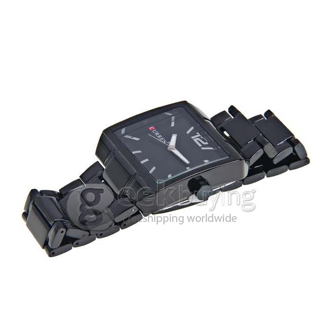 Curren Men's Watch with 1 Arabic Number and Strips Indicate Square Dial Steel Watch Watchband - Black