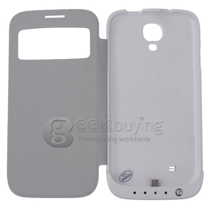 3200mAH External Power Bank Backup Battery Charger with View Flip Stand Case for Samsung Galaxy S4 i9500 - White