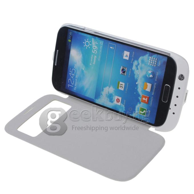 3200mAH External Power Bank Backup Battery Charger with View Flip Stand Case for Samsung Galaxy S4 i9500 - White