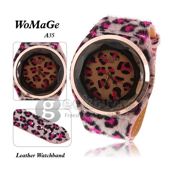 Stylish WoMaGe Women's Watch with Leopard Patterned Round Dial Leather Band - Pink