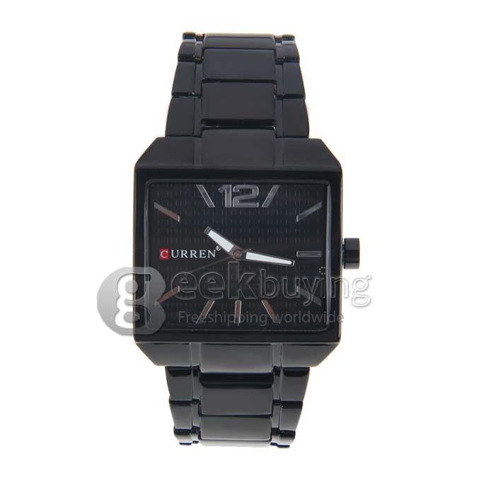 Curren Men's Watch with 1 Arabic Number and Strips Indicate Square Dial Steel Watch Watchband - Black