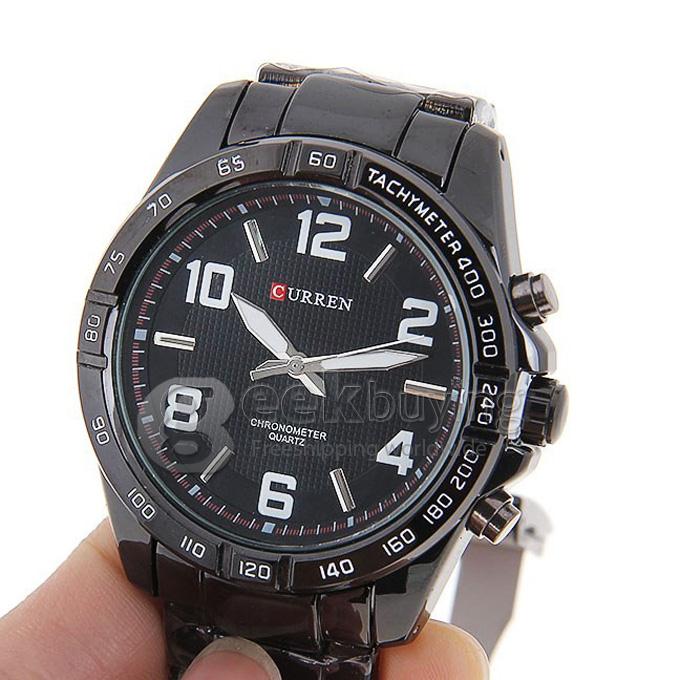 Curren 8107 Men's Watches with Arabic Numbers and Strips Hour Marks Quartz Dial Steel Watchband - Black