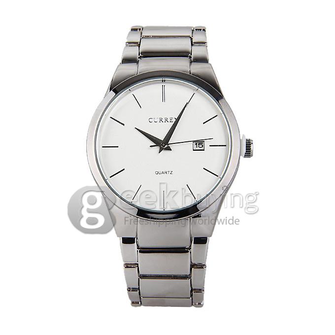 Curren 8106 Men's Watch Strips Hour Marks with Silver Calendar Round Dial Steel Watchband - White