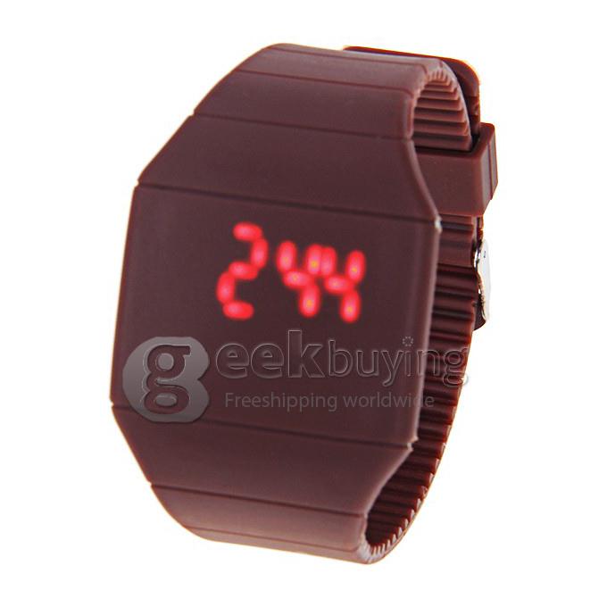 Makibes Touch Screen LED Watch with Red Light Rectangle Dial and Silicon Band - Brown