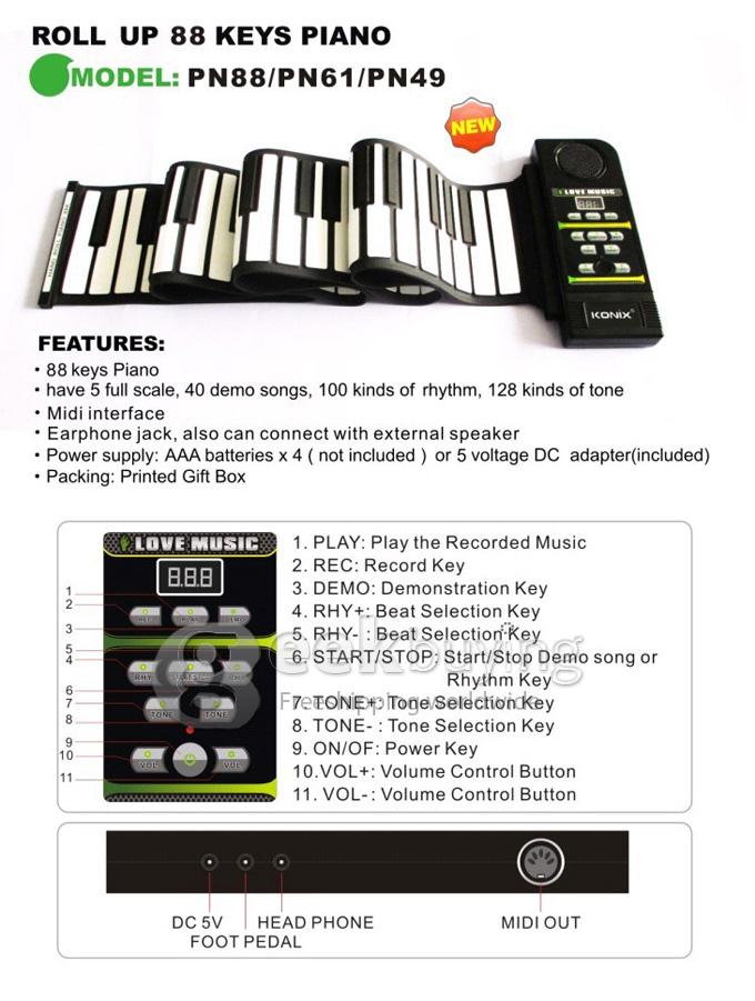 New 88 Keys USB Roll Up Piano for Children Konix PN88 Digital Toy Piano,Independent Voice,PC No Needed