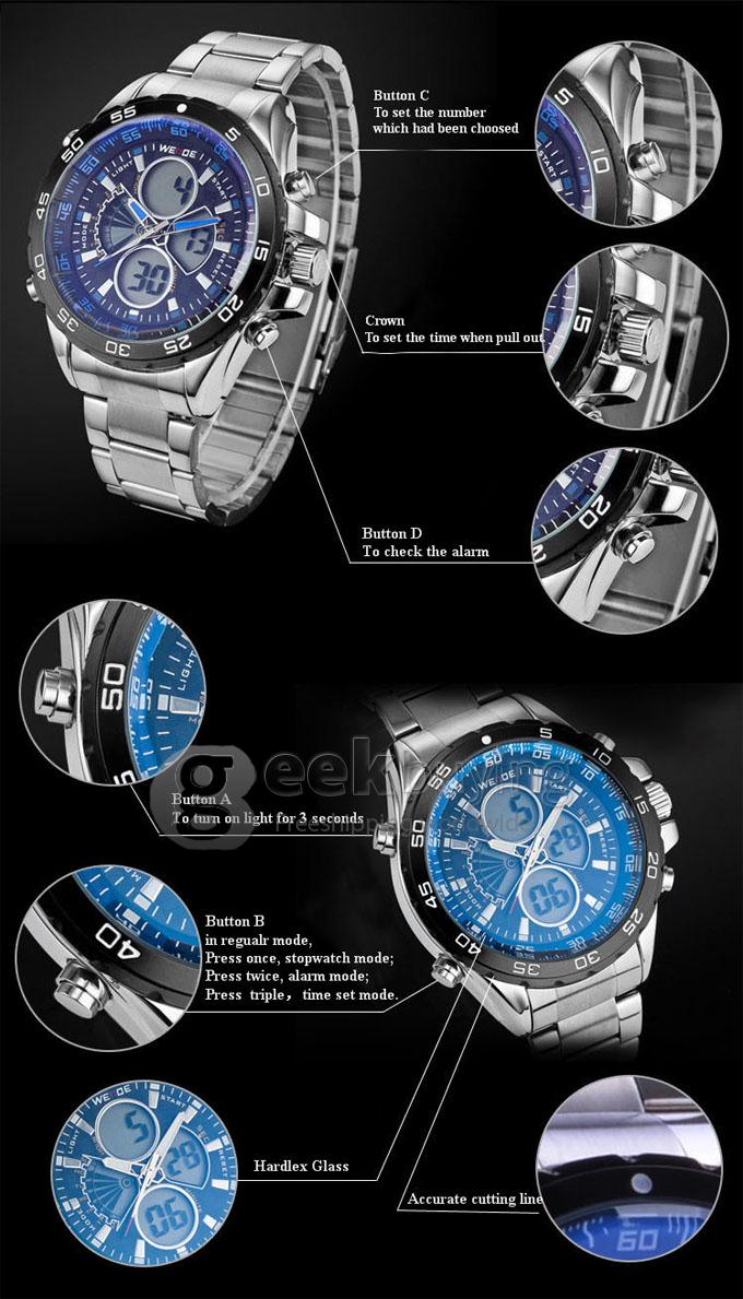 30 Meters Water Resistant Men's LCD Dual Time Quartz Analog & Digital Sports Wrist Watch - Silver