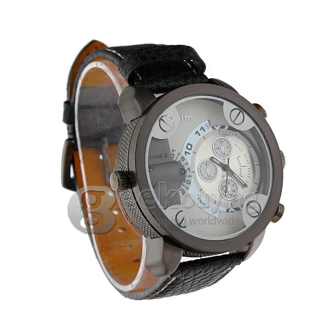 Oulm 3130 Multi-Function Dual Movt Quartz Wrist Watch with Leather Watchband for Male