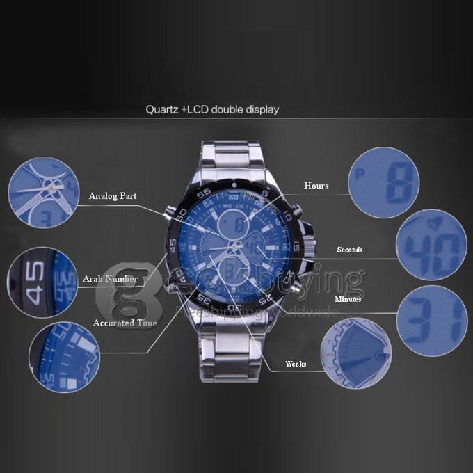 30 Meters Water Resistant Men's LCD Dual Time Quartz Analog & Digital Sports Wrist Watch - Silver