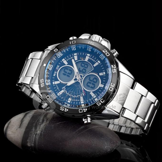 30 Meters Water Resistant Men's LCD Dual Time Quartz Analog & Digital Sports Wrist Watch - Silver