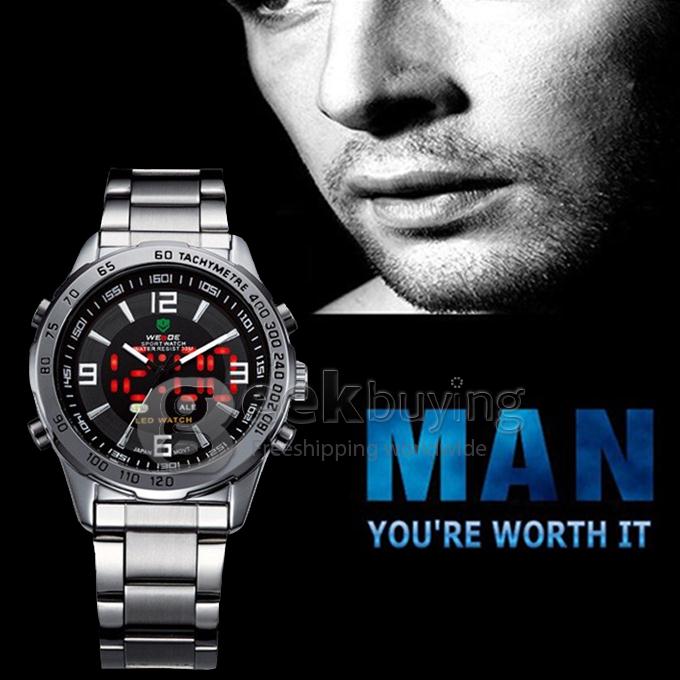 30 Meters Water Resistant Casual Men's LED Back Light Multi-functional Analog Digital Watch - Silver